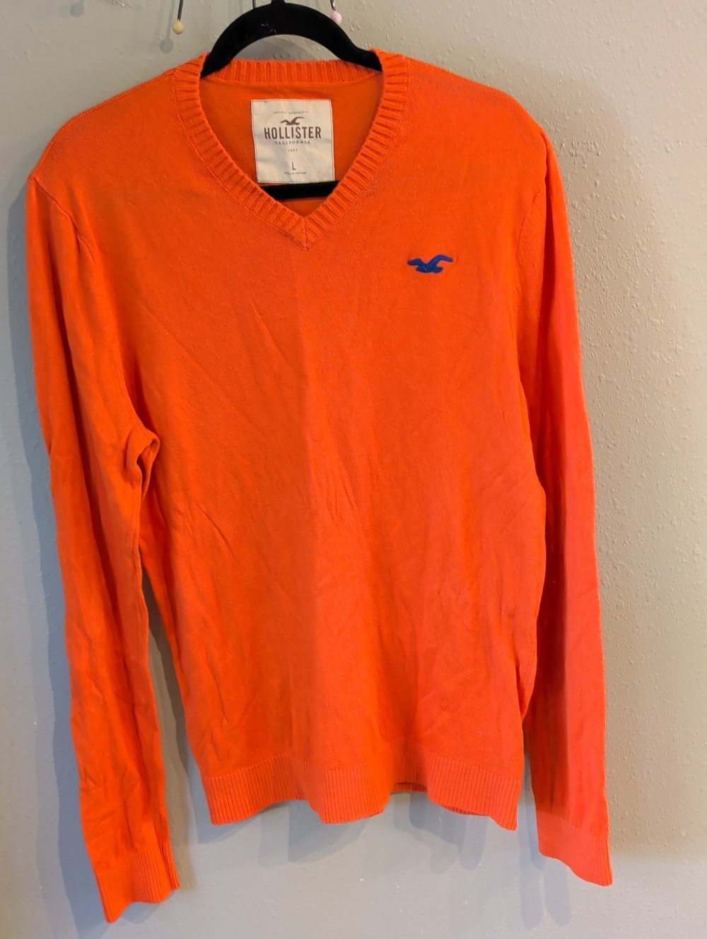 Y2K Hollister Preppy V neck Sweater Bright Orange Large Embroidered Chest Logo